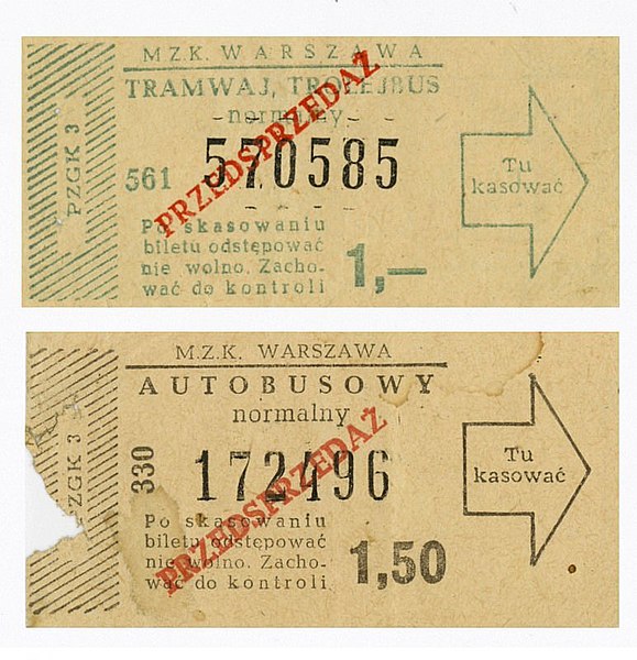 Datei:Historische Fahrkarten des Verkehrsunternehmens MZK Warszawa.jpg