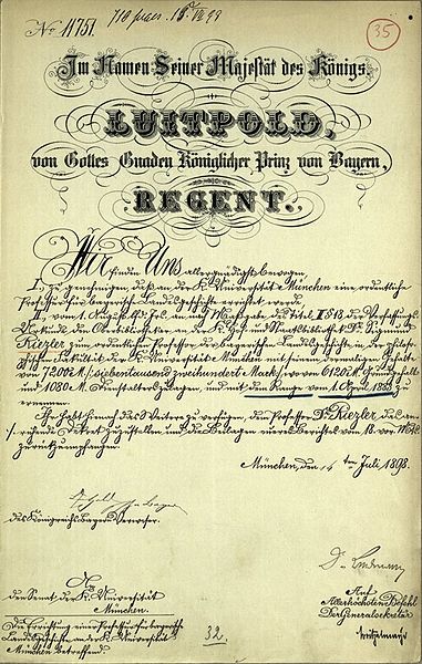 Datei:Berufung von Sigmund Riezler zum „ordentlichen Professor der bayerischen Landesgeschichte“, 14.7.1898.JPG