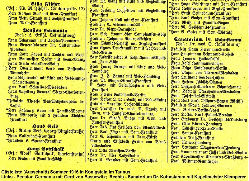 Datei:Gaesteliste 1916 mit Bassewitz u. Klemperer, Ausschn..JPG