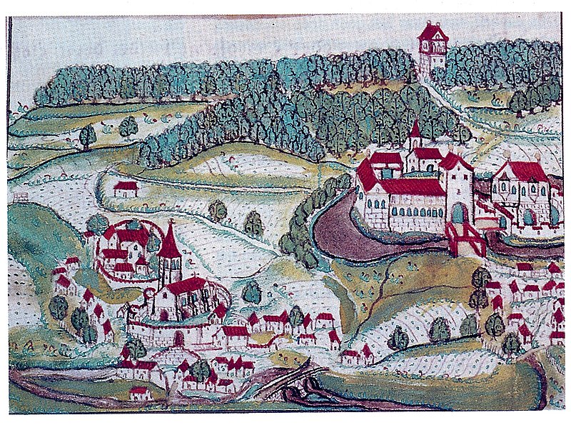 Datei:Rieden und Sanzenbach (heute Stadtteil v. Rosengarten bei Schwäbisch Hall) in der "Städtische rote Chronik" von 1600 der Reichsstadt Schwäbisch Hall.jpg