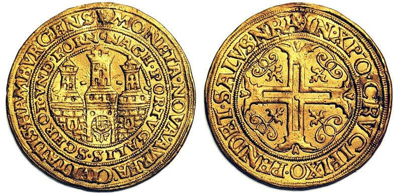 Datei:Münze Gold Portugalöser Hamburg 1574.jpg