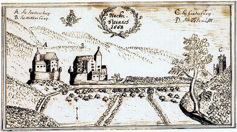 Datei:Neckarsteinach Vorder-, Mittel- + Hinterburg 1668.jpg