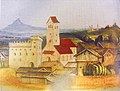 Stadtpfarrkirche vor der Ruine der ersten Tölzer Burg (ca. 1490)