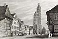 Um 1850: „Der Wollmarkt mit der Andreaskirche zu Braunschweig bei der Brücke der Neustadtmühle aus gesehen“