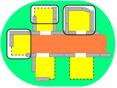 Schema eines Dolmens mit Kopfkammer und vier Seitenkammern