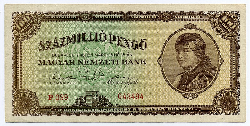 Datei:Hungary - Pick 124 = Laszlo 38 - 100000000Pengö1946vorne.jpg