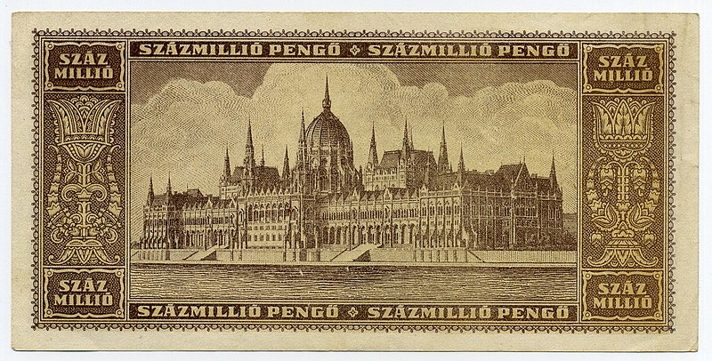 Datei:Hungary - Pick 124 = Laszlo 38 - 100000000Pengö1946hinten.jpg