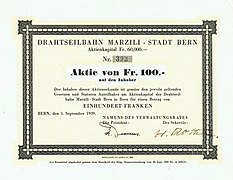 Aktie über 100 Franken der Drahtseilbahn Marzili-Stadt Bern vom 1. September 1939