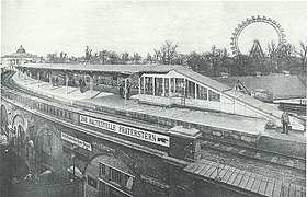 Die Haltestelle Praterstern um 1910, im Hintergrund das Riesenrad im Prater