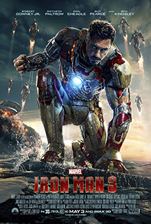 Tony, as Iron Man in his battle damaged suit sitting with water around him, while his house behind is destroyed. Stark's Iron Legion is flying, while the Marvel logo with the film's title, credits and release date are below.