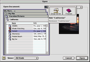 Copland's open file dialog box has a preview area on the right. The stacked folders area on the left is intended to provide a visual path to the current selection, but this was later abandoned as being too complex. The user is currently using a favorite location shortcut. Copland open file dialog screenshot.png