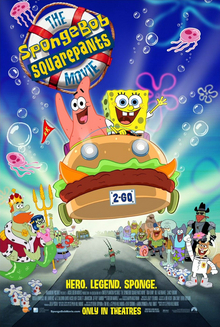 Film poster showing SpongeBob SquarePants (right) and Patrick Star (left) waving on