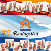 A Dutch flag, with many pictures of hands making a W-sign.