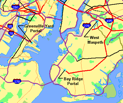 New York Harbor area, showing locations of facilities proposed for a Cross-Harbor Rail Tunnel. Railroad lines are red and orange, major highways are purple and black. CrossHarborRailFacilityMap.png