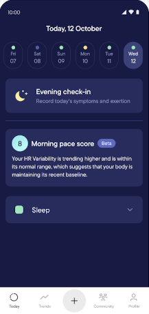 Screenshot from a symptom-tracking app showing a calendar, a prompt to record today's symptoms, the user's pacing score, and a sleep panel