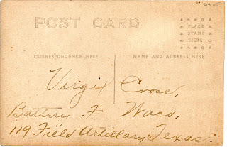File:Postcard from Virgil Cross of the 119th Field Artillery in Waco TX, during training at Camp MacArthur in Waco, Texas in 1917 prior to deployment to France for World War I.jpeg
