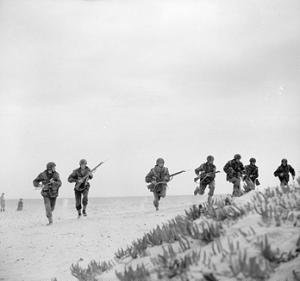 File of soldiers advancing over desert terrain