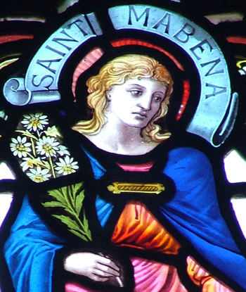 Den hellige Mabenna, glassmaleri i St Mabyn Church i Cornwall