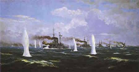 File:Mikasa leads the line at Tsushima.jpg