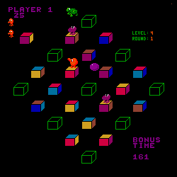 A square video game screenshot that is a digital representation of a multicolored array of cubes in front of a black background. An orange spherical character, a purple ball, and two purple characters are on the cubes. Statistics related to gameplay are in the corners of the screen.