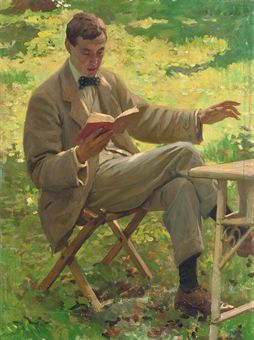 A young Alfred Munnings reading aloud outside ...