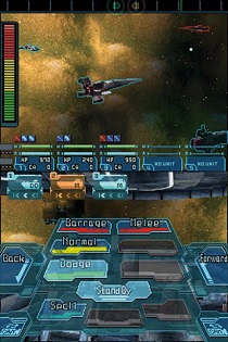 The display is divided into two screens. The top screen shows the a view of two fleets of spaceships in combat, and an action gauge along the left side. The bottom screen shows the player's command options.