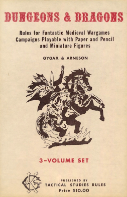  scan of the cover to the original Dungeons & Dragons boxed set by Gary Gygax and Fave Arneson, (TSR Inc., 1974)