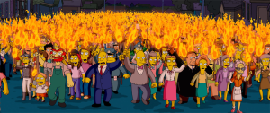 The shot of an angry mob coming for Homer feat...