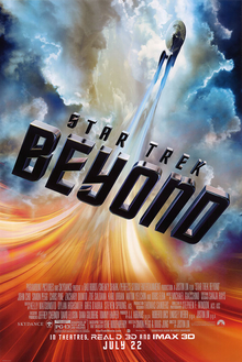 USS Enterprise flying through the universe, with the film's title "Beyond", and the film's billing below.