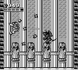 A monochrome, two-dimensional video game screenshot that shows a winged angel in combat with a horned demon. The scene takes place in a Greek temple that is decorated with goddess statues. The health bar and the number of hearts is displayed in the top-left corner.