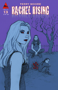 A waist-up close up of Rachel standing in a graveyard. In the background, Jet sits cross-legged on a tombstone and Zoe sits in front of it. All three are looking directly at the reader. The picture is done in shades of purple with bright red roses in front of the stone.
