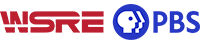 Red letters WSRE in a high-tech style, with counter lines running through some of the letters, next to the PBS logo and letters P B S in blue.