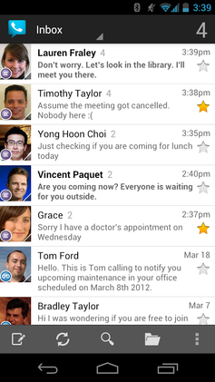 Example of (old) Google Voice inbox running on Android Jelly Bean Google Voice.png