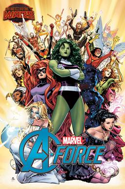 Marvel Avengers A-Force comic book cover with female superheroes. 