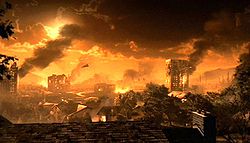 The image is of a supposed armaggedon-esque cityscape. Most of the building are on fire, and there are several UFOs flying across the sky.