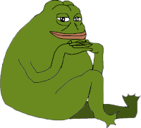 Groyper, a green cartoon frog depicted sitting, with his chin resting on interlocked fingers.