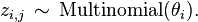 z_{i,j} \,\sim\, \mathrm{Multinomial}(\theta_i). 