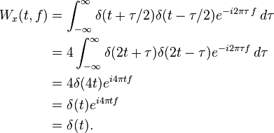 \begin{align}W_x(t,f) & {} =  \int_{-\infty}^{\infty}\delta(t+\tau/2)\delta(t-\tau/2) e^{-i2\pi\tau\,f}\,d\tau \\& {}= 4\int_{-\infty}^{\infty}\delta(2t+\tau)\delta(2t-\tau)e^{-i2\pi\tau f}\,d\tau \\& {} = 4\delta(4t)e^{i4\pi tf}\\& {} = \delta(t)e^{i4\pi tf} \\& {} = \delta(t).\end{align}