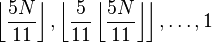 \left\lfloor \frac{5N}{11} \right\rfloor, \left\lfloor \frac{5}{11}\left\lfloor \frac{5N}{11} \right\rfloor\right\rfloor, \ldots, 1