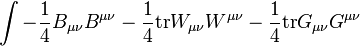 \int - {1\over 4} B_{\mu\nu} B^{\mu\nu} - {1\over 4}\mathrm{tr} W_{\mu\nu}W^{\mu\nu} - {1\over 4} \mathrm{tr}G_{\mu\nu} G^{\mu\nu}