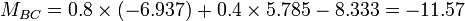 M_{BC} = 0.8 \times \left( -6.937 \right) + 0.4 \times 5.785 - 8.333 = -11.57 