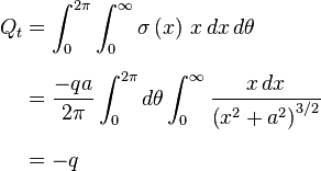  \begin{align} Q_t & = \int_0^{2\pi}\int_0^\infty \sigma\left(x\right)\, x\,d x\,d\theta \\[6pt] & = \frac{-qa}{2\pi} \int_0^{2\pi}d\theta \int_0^\infty \frac{x\,d x}{\left(x^2 + a^2\right)^{3/2}} \\[6pt] & = -q \end{align} 