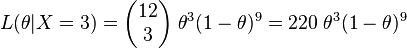 L(\theta|X=3)=\begin{pmatrix}12\\3\end{pmatrix}\;\theta^3(1-\theta)^9=220\;\theta^3(1-\theta)^9