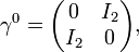 
\gamma^0 = \begin{pmatrix}
0 & I_2 \\ 
I_2 & 0 \\
\end{pmatrix},\quad
\,\!