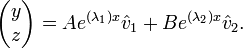 \begin{pmatrix} y\\z \end{pmatrix} = Ae^{(\lambda_1)x}\hat{v}_1 + Be^{(\lambda_2)x}\hat{v}_2. 