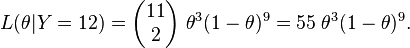 L(\theta|Y=12)=\begin{pmatrix}11\\2\end{pmatrix}\;\theta^3(1-\theta)^9=55\;\theta^3(1-\theta)^9.