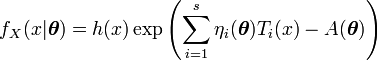  f_X(x|\boldsymbol \theta) = h(x) \exp\left(\sum_{i=1}^s \eta_i({\boldsymbol \theta}) T_i(x) - A({\boldsymbol \theta}) \right) \,\!
