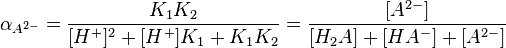 \alpha_{A^{2-}}={{K_1 K_2} \over {[H^+]^2 + [H^+]K_1 + K_1 K_2}}= {{[A^{2-} ]} \over {[H_2 A]+[HA^-]+[A^{2-} ]}}