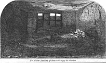 "A Cellar dwelling in Nichol Street", illustration for "More Revelations of Bethnal Green", published in The Builder, vol. XXI, no. 1082 (31 October 1863) Cellar dwelling nichol street 1863.jpg