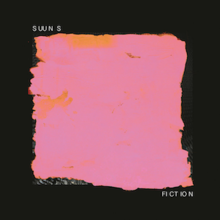 A large pink square with frayed edges over a black background, with the band name printed in the top-left corner, and the album name in the bottom right, both in all caps and spaced strangely. The band named is stylized as "S UU N S" and the album name as "FI CT IO N".